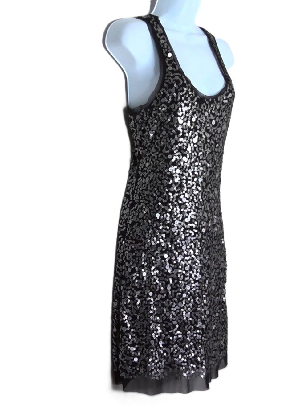 Max Studio Dress Racerback Black W/ Dark Silver Sequins Stretch Knee Length Sz S